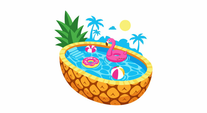 A quirky pineapple-shaped pool scene with a flamingo float and beach ball