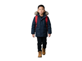 Fototapeta premium Cute young Asian boy walking forward wearing a navy winter parka