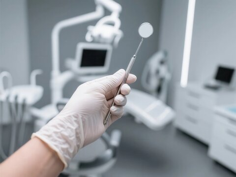 Gloved hand holding dental mirror in modern clinic, treatment chair and monitor, dentist equipment, oral care, medical office