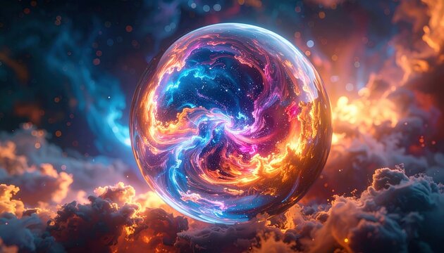Enchanting Glass Orb Containing a Swirling Nebula of Cosmic Fire and Light