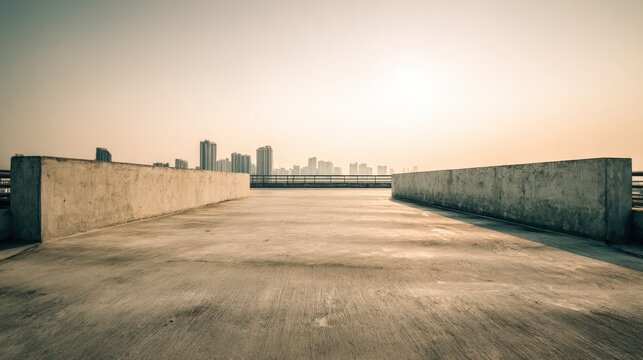 Empty Rooftop Parking Lot with City Skyline in the Distance Under a Hazy Sky