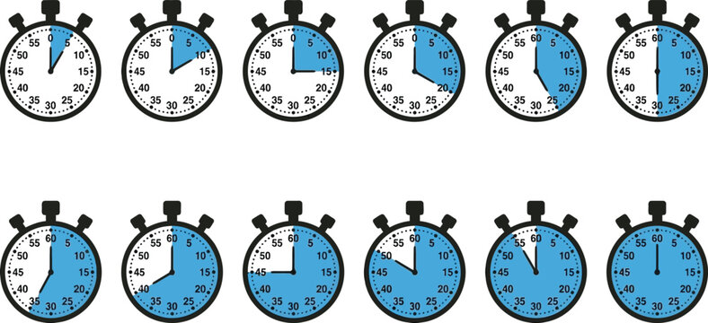 stopwatch timer illustrations in blue and white