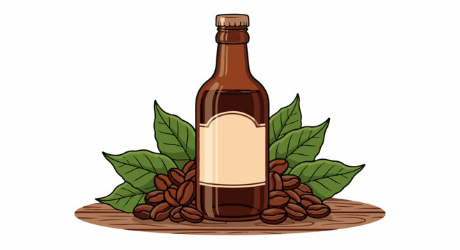 Brown bottle with blank label surrounded by coffee beans and green leaves
