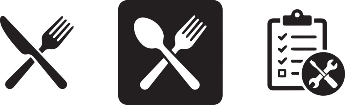 Minimalist black and white icon set featuring crossed knife and fork spoon symbol and checklist clipboard with maintenance tools