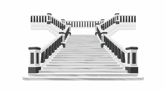 Grand symmetrical staircase with stone steps and dark balusters