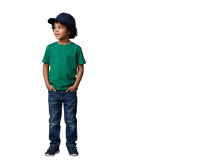 Fototapeta premium Full body of a cute African American boy in green t shirt and cap