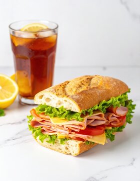 Ham sandwich with iced tea, lettuce, tomato, cheese and lemon slice on white marble