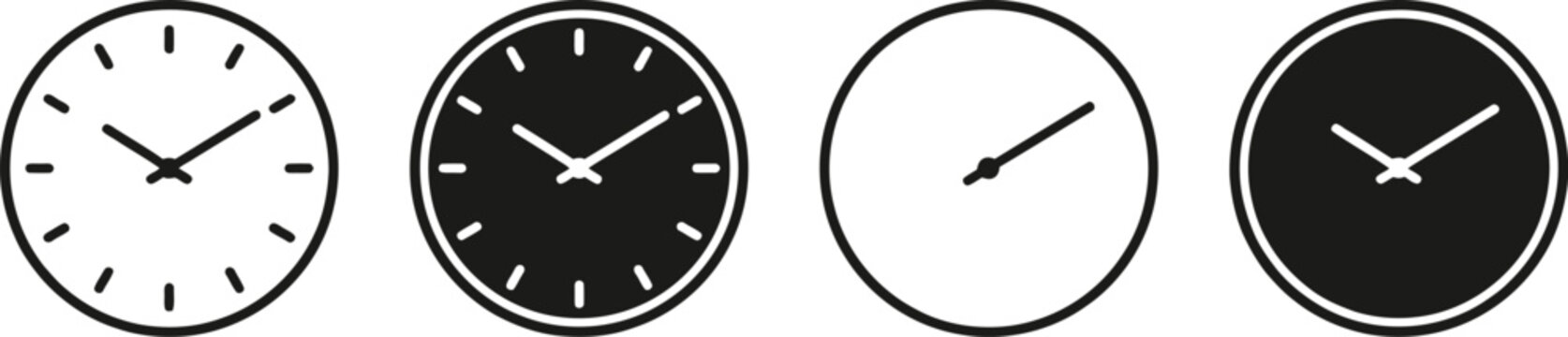 Four simple black and white clock faces with different times