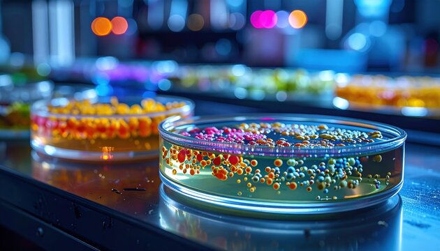 Microbiology petri dishes showcasing vibrant bacterial colonies in a scientific laboratory setting