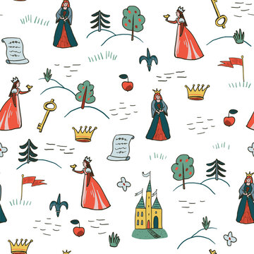 Seamless Medieval Knight Pattern with Princess, Swords, Crowns and Royal Symbols
