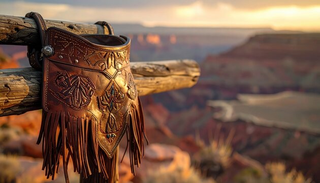 Ornate Western Leather Chaps with Decorative Fringe Resting on a Wooden Post Against a Canyon Sunset Landscape