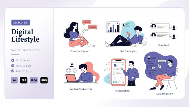 Digital lifestyle vector illustrations for communication and productivity