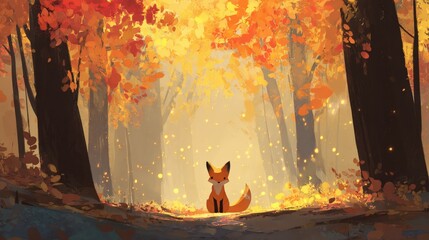 Naklejka premium Enchanting Autumn Forest Scene with a Cute Fox in Golden Light