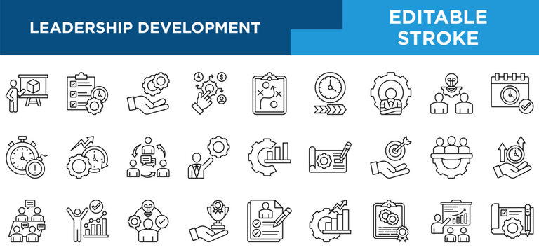 Leadership Development line icons set with project, task, manage, resource allocation, plan, timeline, concepts. Editable stroke vector collection.	