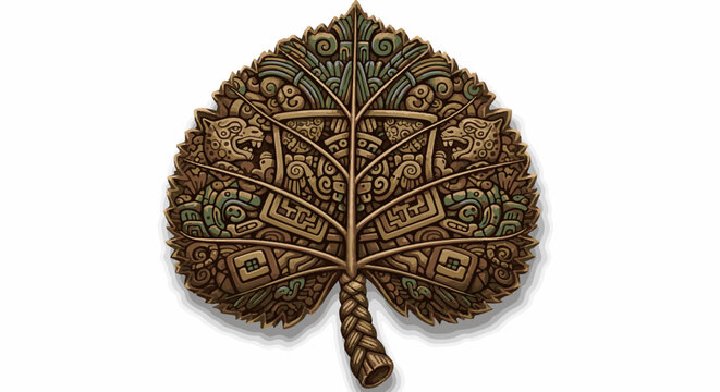 Intricate wooden leaf artifact with ancient carvings and stylized animal faces