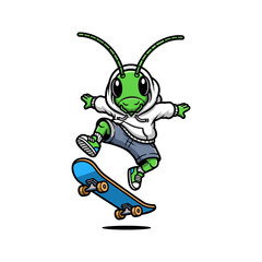 Fototapeta premium Leaping Mantis Skater Cartoon Illustration in White Hoodie and Shorts Performing Jump