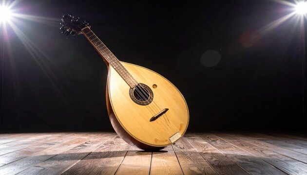 Polished Brass Oud Instrument resting on a wooden surface, a traditional stringed musical instrument