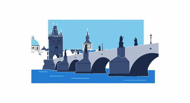 Stylized graphic of a historic stone bridge with statues and towers over water