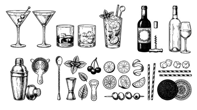 Cocktail and bar elements engraving hand drawn illustration set featuring martini glasses, whiskey glasses, mojitos, cocktail shaker, citrus garnish - vector illustration
