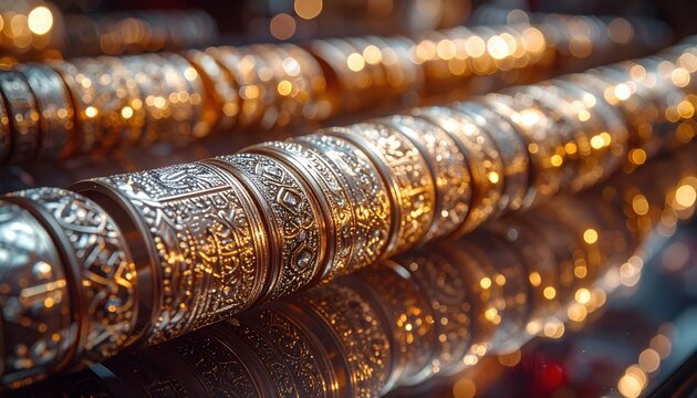 Gleaming silver bangles with intricate ornate designs displayed for sale