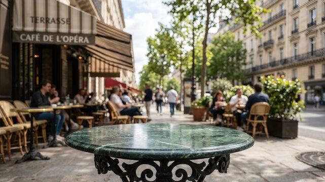 Busy Parisian Caf&eacute; Scene with Marble Table and Outdoor Dining Experience