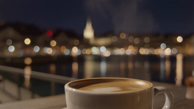Steaming cup of latte overlooking the Zurich night skyline