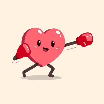 Cute heart character throwing a straight punch with boxing gloves cartoon vector illustration