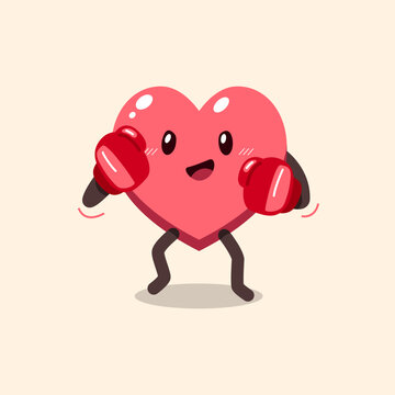 Cute heart character in boxing fighting stance cartoon vector illustration
