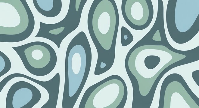 Modern Abstract Background with Layered Organic Fluid Shapes and Topographic Pattern in Soft Green and Teal Shades