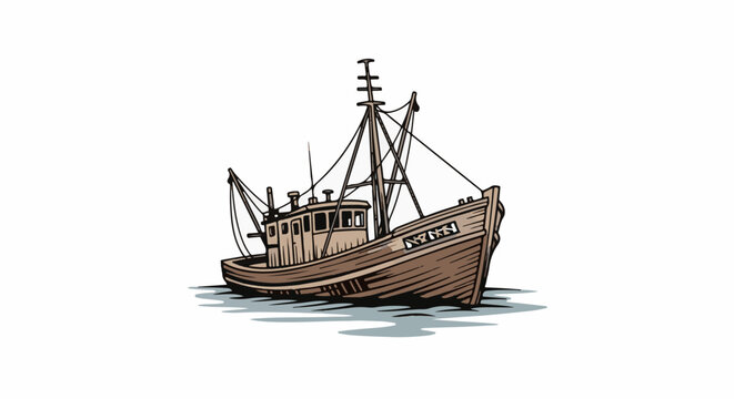 Wooden fishing trawler illustration on white background