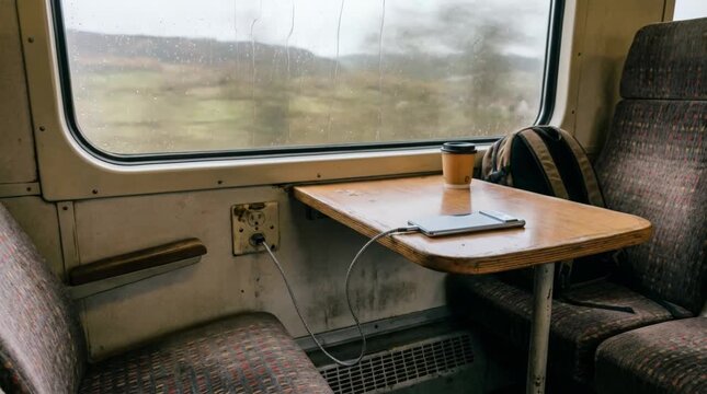 Smartphone charging on a train table, brown and grey tones, travel and mobile connectivity.