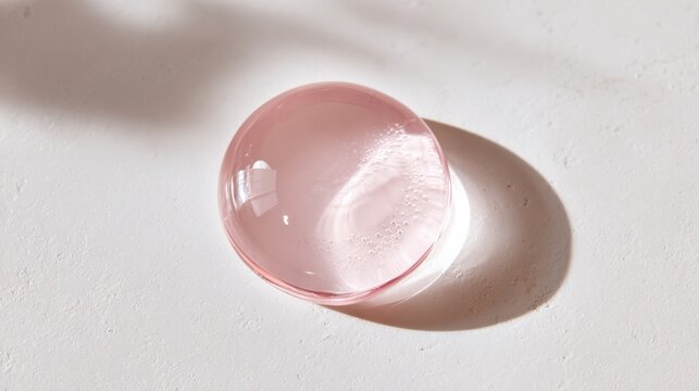 Elegant Translucent Pink Gemstone with Soft Shadows and Light Reflections on White Surface