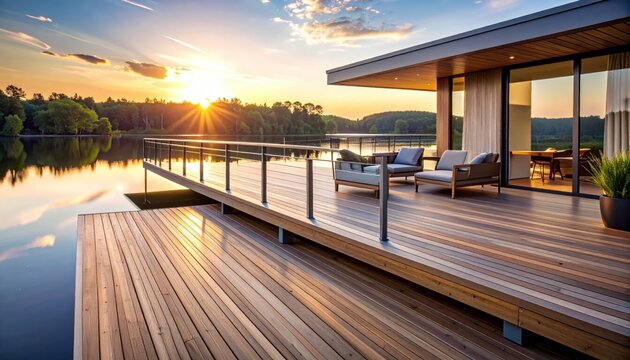 Expansive modern wooden deck with cantilevered architecture overlooking a tranquil lake at sunset