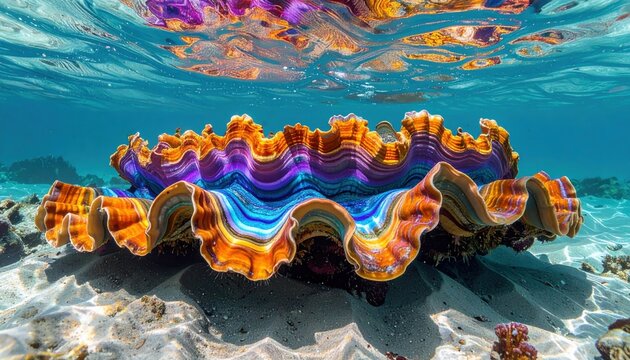 Gigantic Giant Clam Tridacna with Spectacularly Iridescent and Colorful Ruffled Mantle Underwater