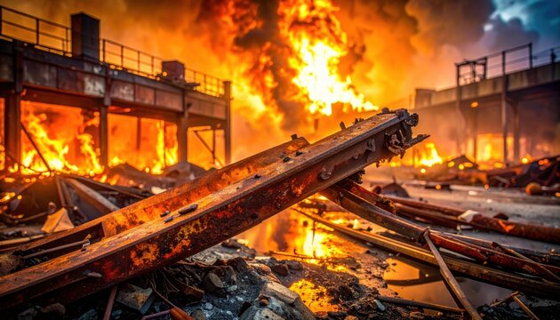 Intense Fire Engulfs Rusted Metal Debris and Industrial Structure in Devastating Aftermath