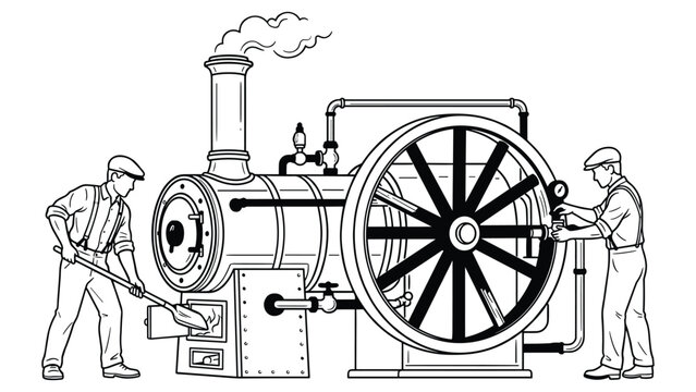 Old steam engine machine with workers in vintage style, industrial revolution illustration.