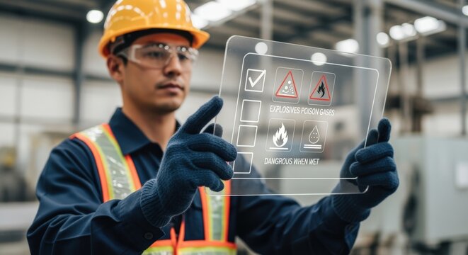 Industrial worker in protective gear uses futuristic holographic tablet for safety checklist and hazard symbols