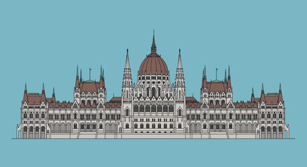 Obraz premium Budapest Parliament Building Facade Outline Illustration