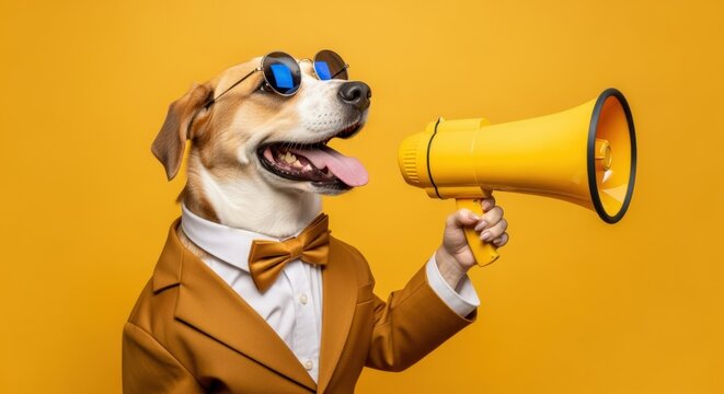 Humorous Dressed Dog in Suit and Sunglasses Holding Megaphone, Announcing Something Important with Enthusiasm