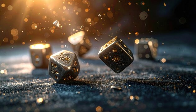 Intricate metal dice with sharp edges captured mid-air, symbolizing chance and adventure in tabletop gaming