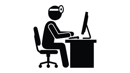 Fototapeta premium Doctor icon using computer for online consultation or telemedicine service, black stick figure vector illustration.