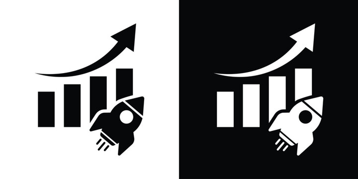 Business bar chart icon featuring an upward trend line and a launching rocket, capturing rapid financial scaling, market expansion, and aggressive corporate growth strategies.