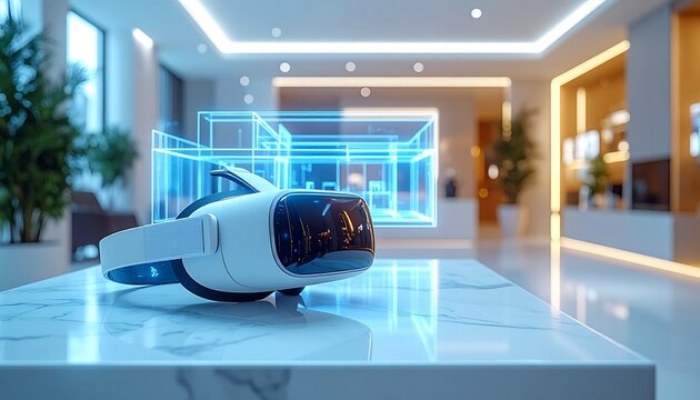 Modern unbranded virtual reality headset with glowing 3D holographic architectural floor plan blueprint
