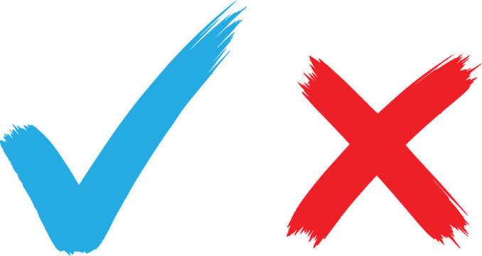 Blue check mark and red cross sign painted with dry brush texture