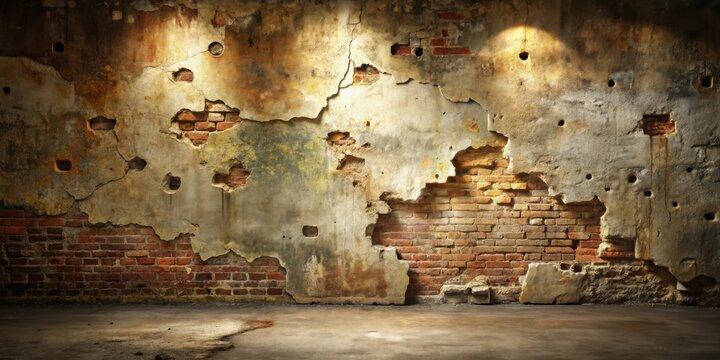 A dilapidated wall, revealing aged brickwork beneath crumbling plaster, illuminated by subtle spotlights, creates a dramatic and textured backdrop for design projects.