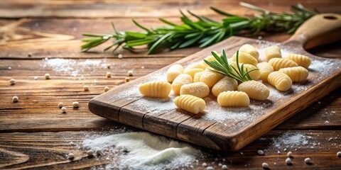 Fototapeta premium Rustic Wooden Board Featuring Delicate Potato Dumplings with Fresh Herb Garnish