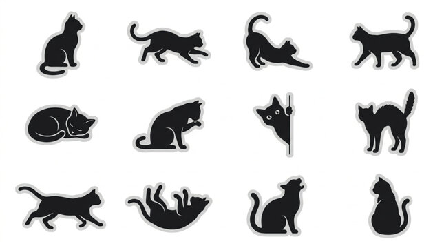 Black Silhouette Cats Various Dynamic Poses.