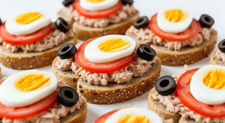 Fototapeta premium Gourmet Mediterranean Tuna Toast Open Sandwich on Whole Grain Bread Featuring Sliced Boiled Egg Cherry Tomato and Black Olive on Clean White Background Healthy Nutritional Breakfast Food