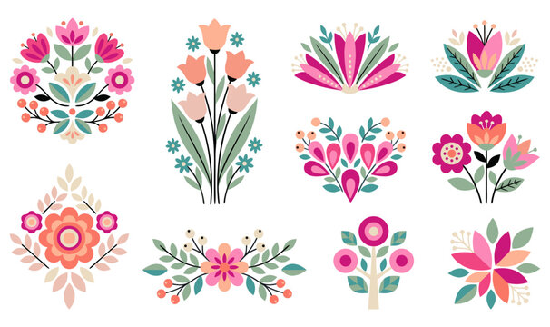 Decorative flat vector illustration set of colorful flower arrangements and floral emblems isolated on white background suitable for cards invitations branding projects and creative stationery surface