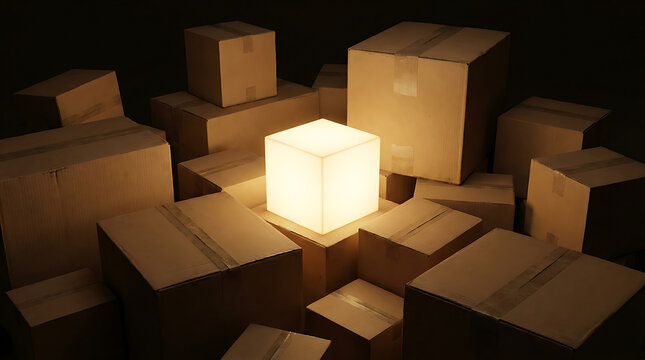 Bright illuminated package standing out from several cardboard boxes on dark background